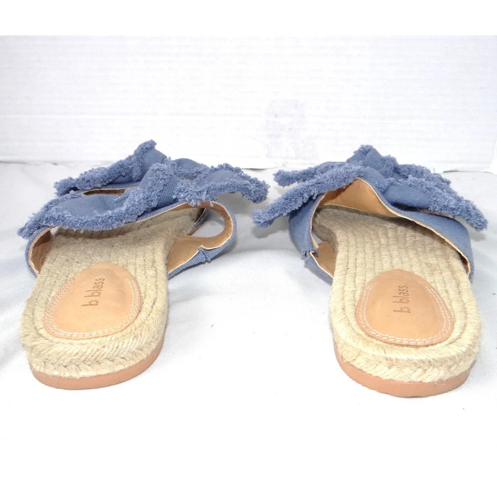 B Blass‎ Womens Blue Frayed Bow Espadrille Slide Sandals Flat Jute Size 7.5M 38